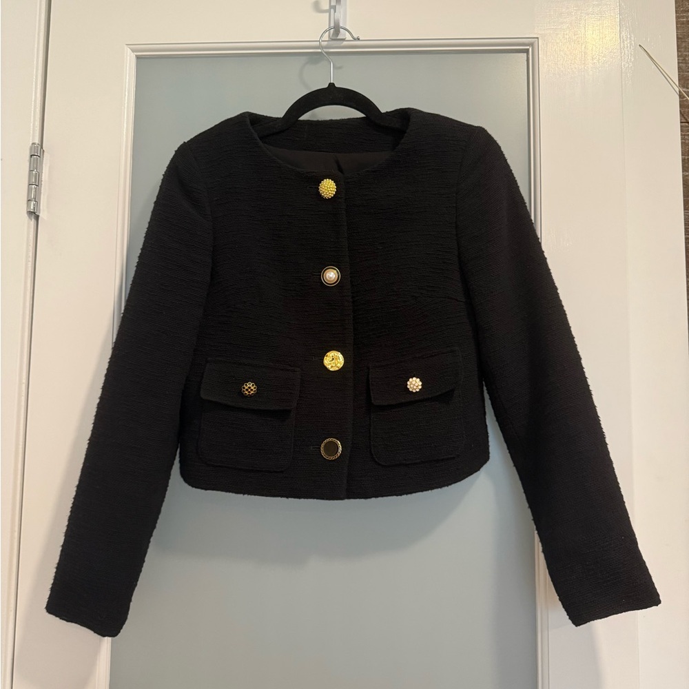 Chic Black Tweed Women's Blazer Jacket with Gold Button Accents Cropped